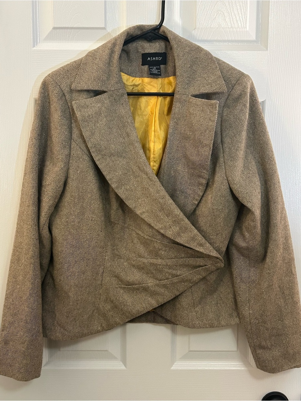 Ashro Brown Textured Asymmetrical Wrap Blazer Jacket with Yellow Lining